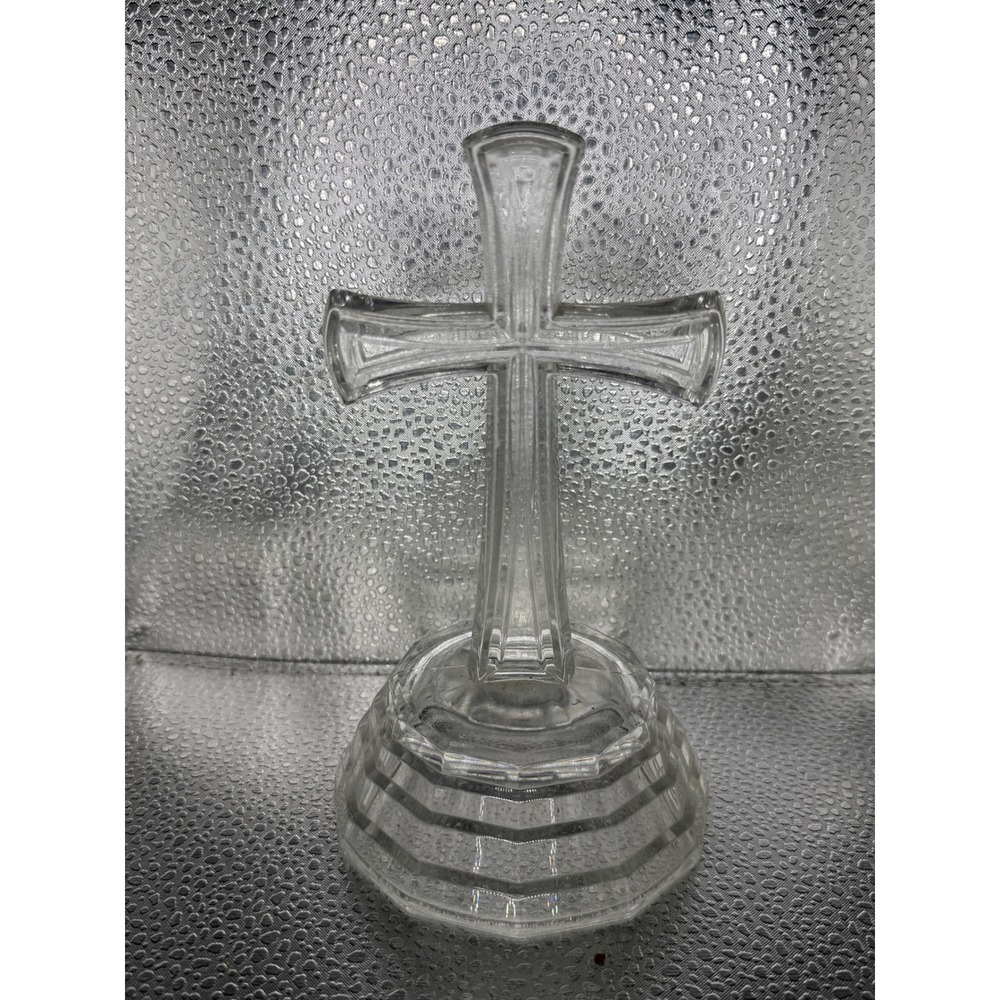 Clear Pressed Glass Standing Cross Religious Figurine Octagonal Tiered Base 8.5"